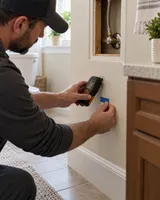 A moisture reading being taken at a bathroom wall
