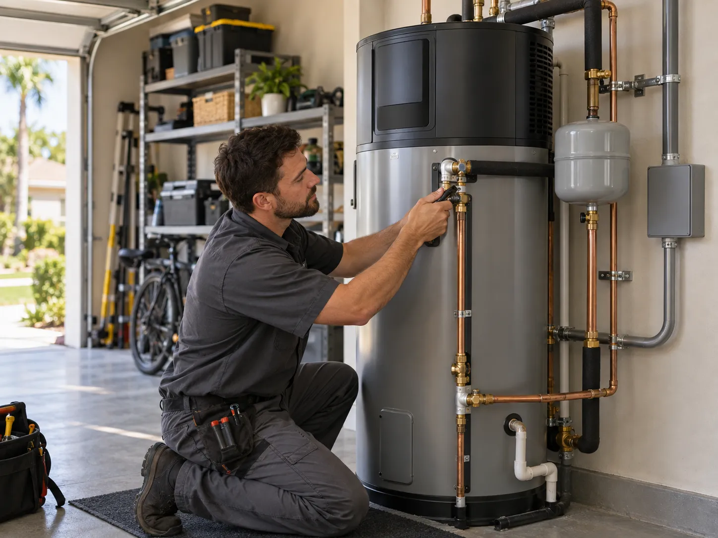 Plumber inspecting a residential water heater